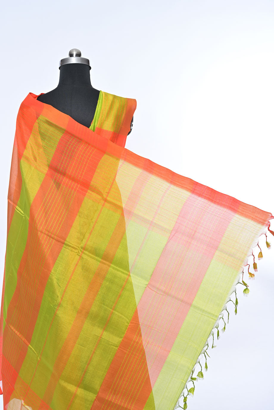 Rust Orange Pure Mangalgiri Cotton Saree with Contrast Border and Neon Blouse