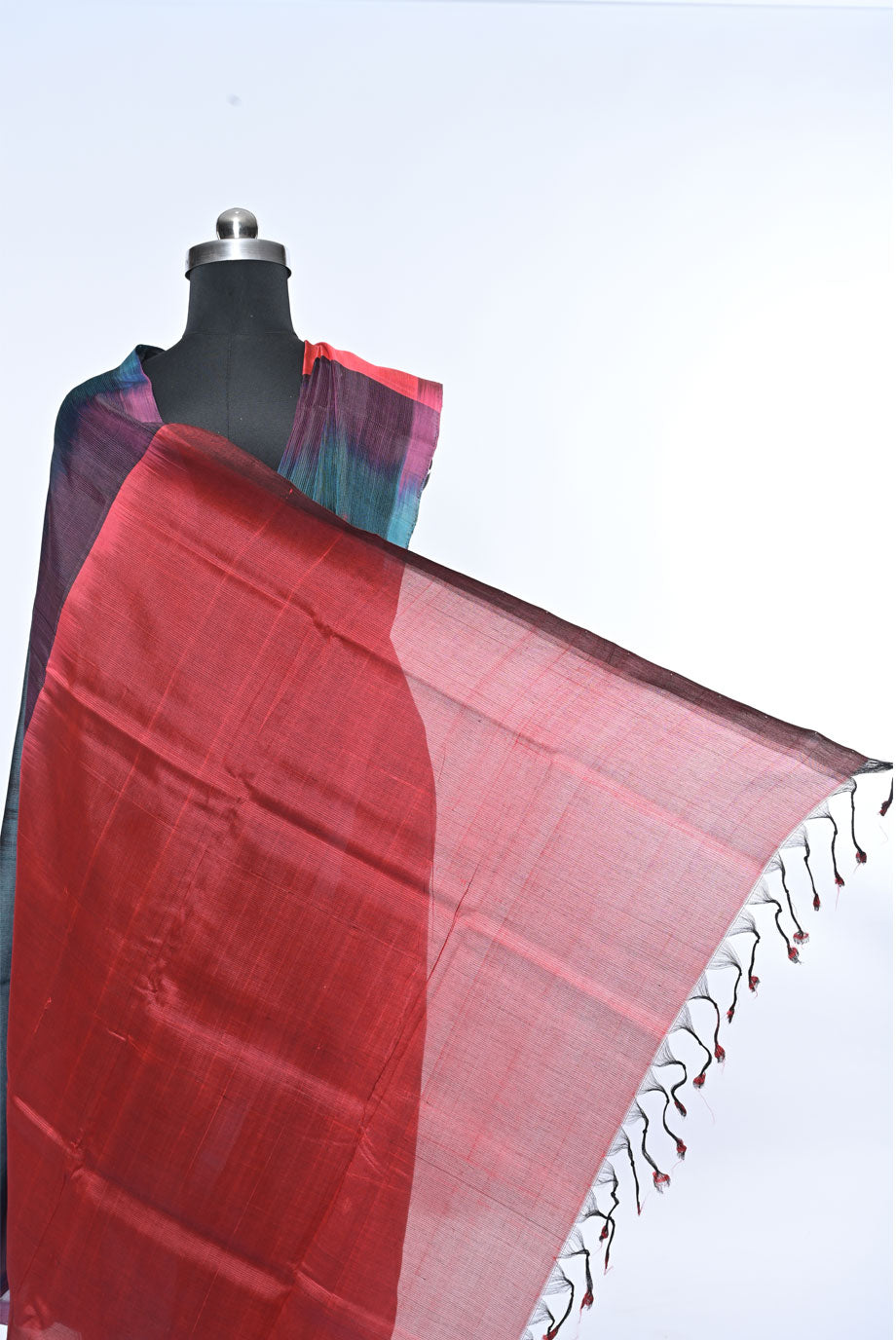 Multicolor Pure Mangalgiri Cotton Saree with Self Border and Maroon Contrast Blouse