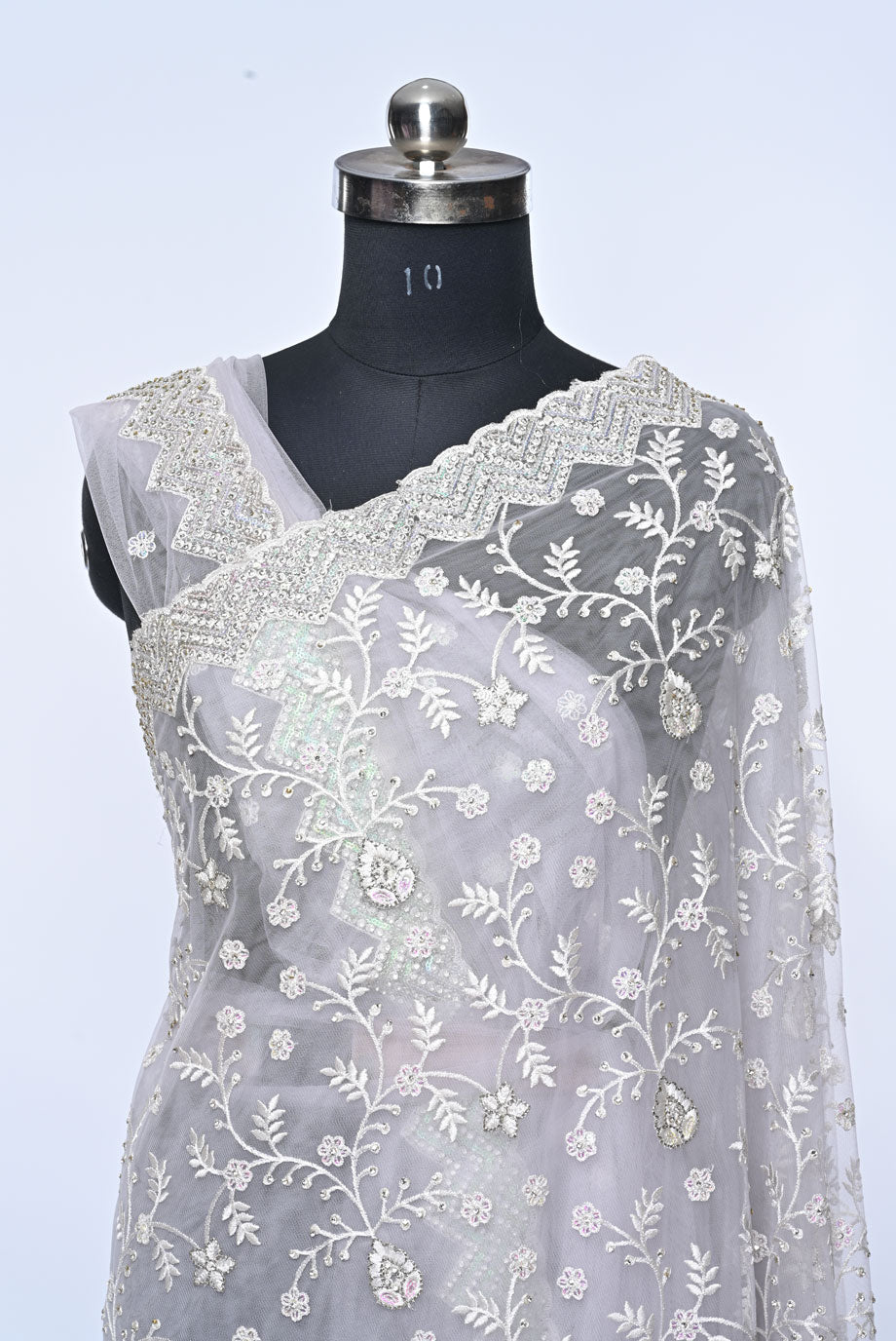 Fabric white net designer saree for weddings and festive occasions