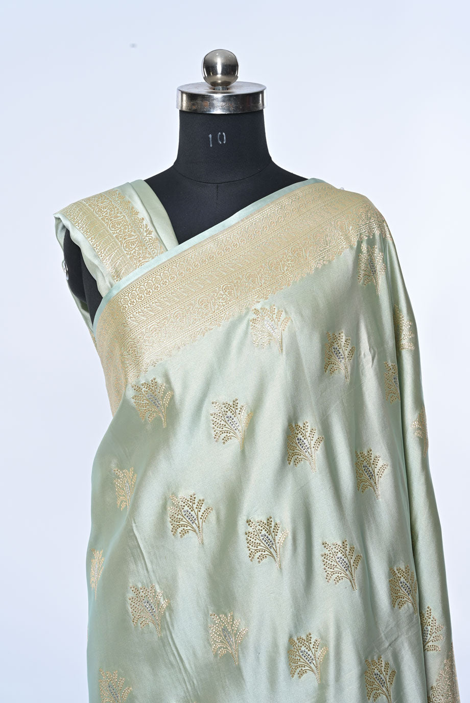 Pista Banarasi Silk Saree with Golden Leaf Patches and Golden Border