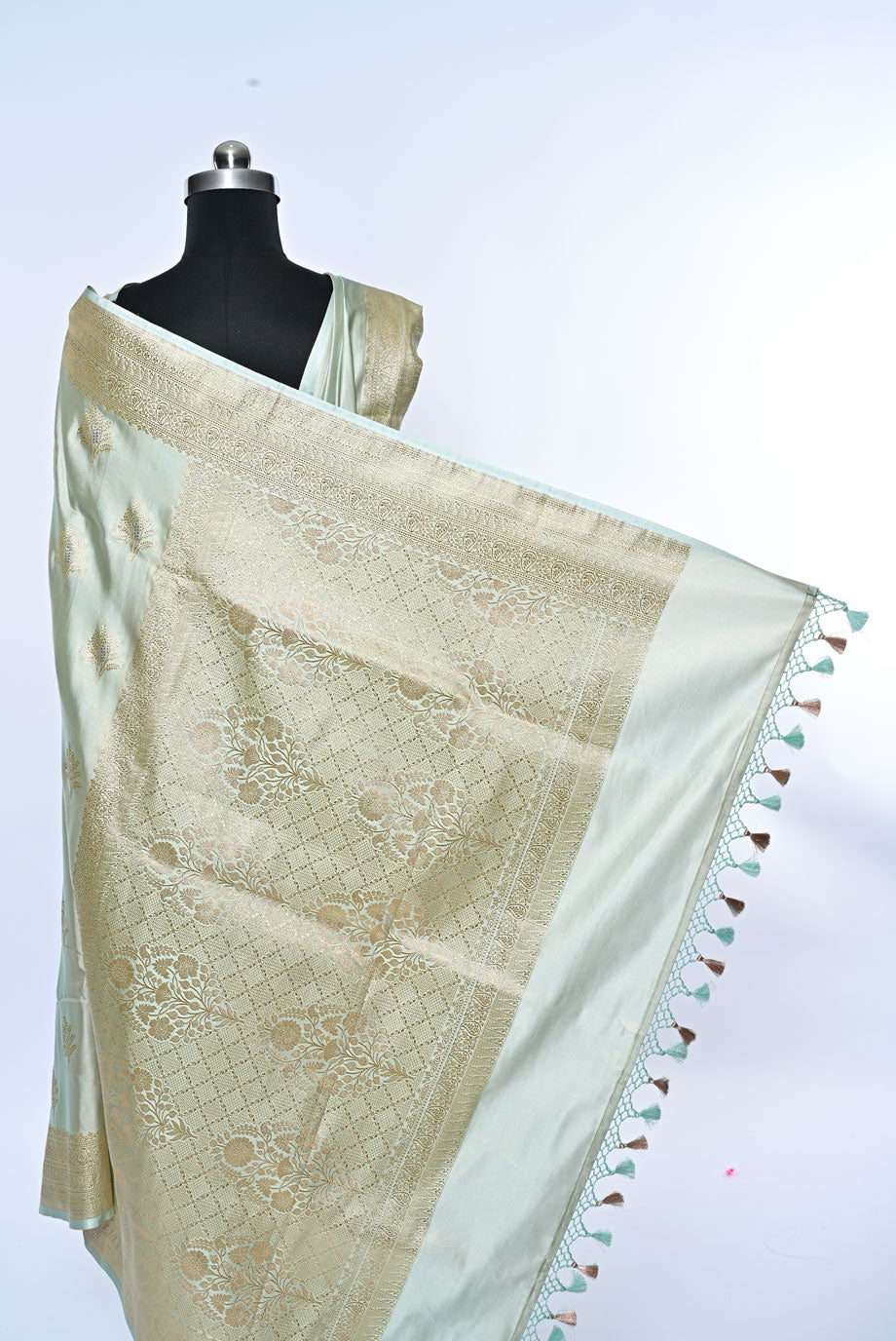 Pista Banarasi Silk Saree with Golden Leaf Patches and Golden Border