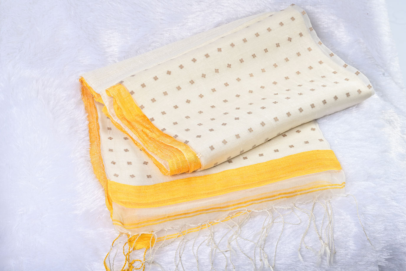 Pure Linen Cotton White Saree with Yellow Border for Festival
