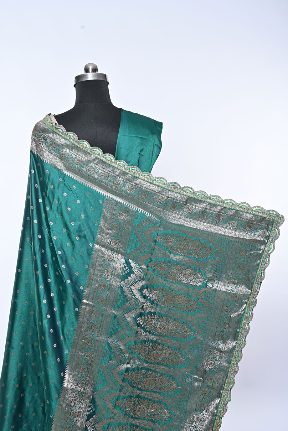 Semi Designer Banarasi Rama Green Saree with Peacock Butti for Festival