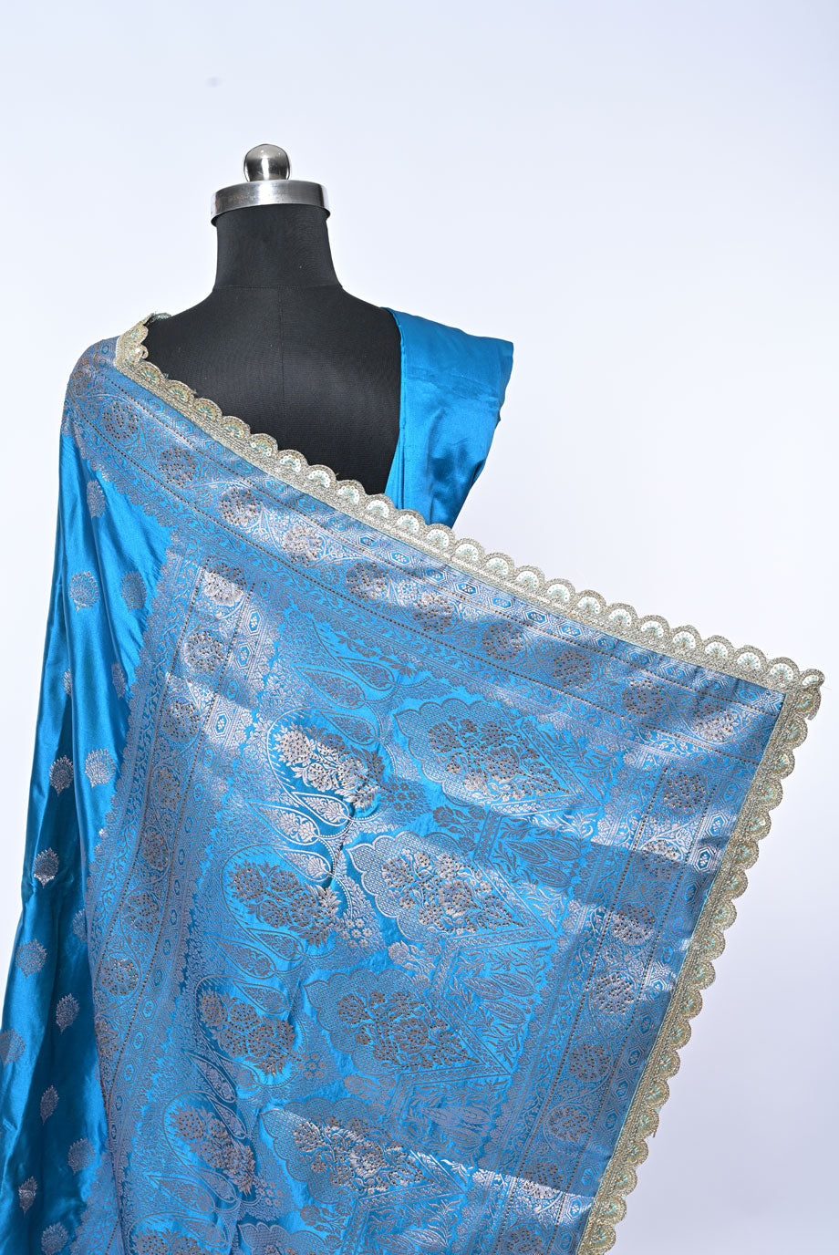 Semi Designer Banarasi Dark Sky Blue Saree with Broad Butti for Festival