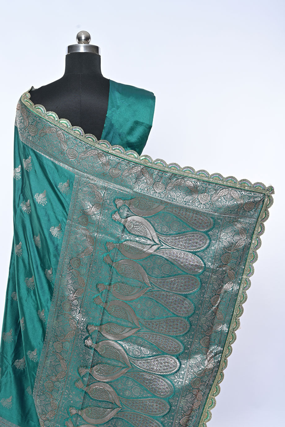 Semi Designer Banarasi Rama Green Saree with Round Butti for Wedding
