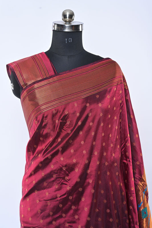 Maroon Kalanjali Paithani Saree with Butti Work and Copper Border