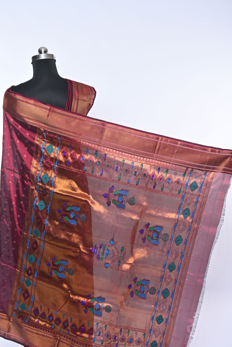 Maroon Kalanjali Paithani Saree with Butti Work and Copper Border