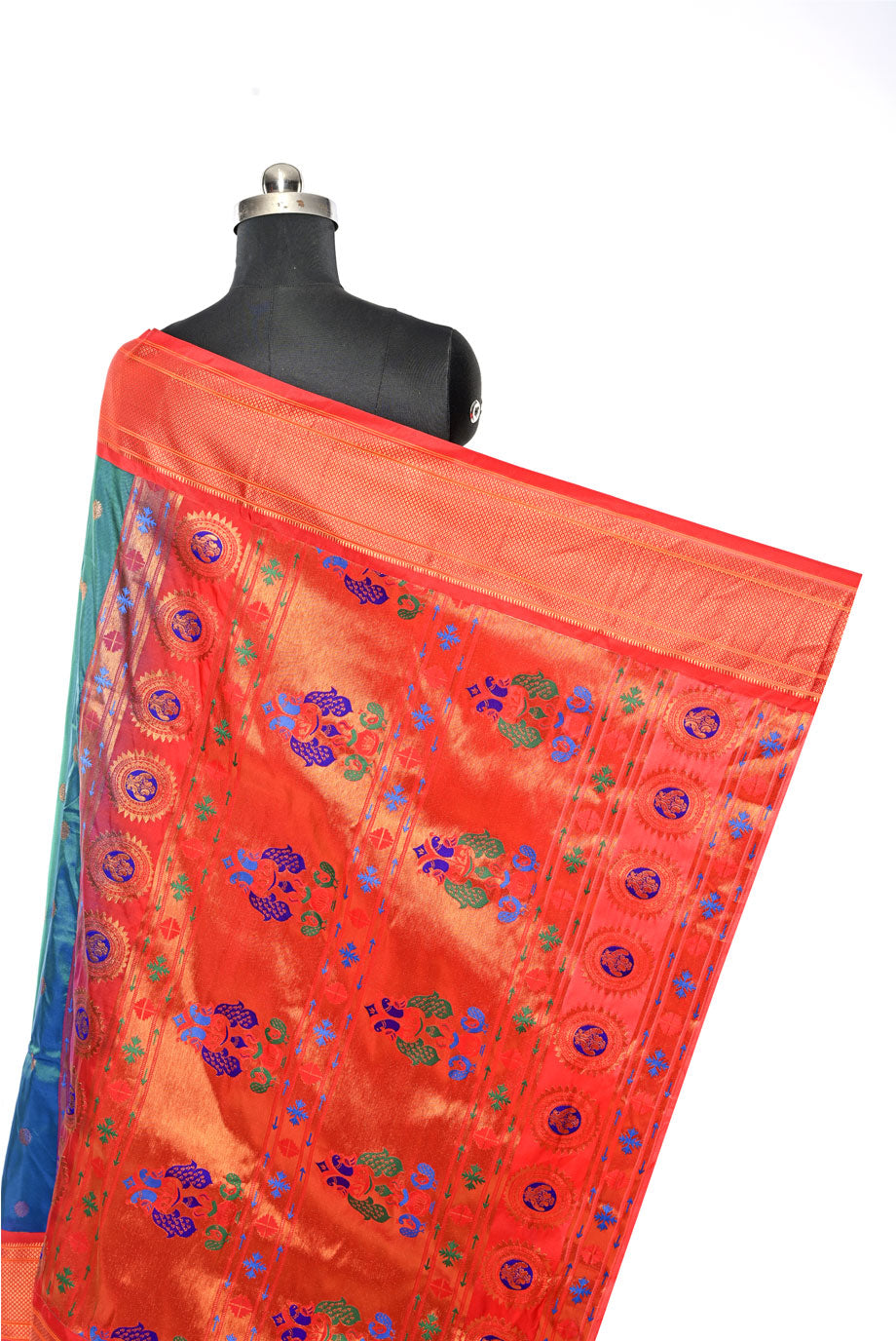 Maharani Semi Paithani Rama Green Saree with Round Butti for Festival