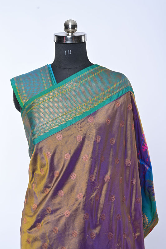 Gray Semi Silk Maharani Paithani Saree with Broad Butta Contrast Border