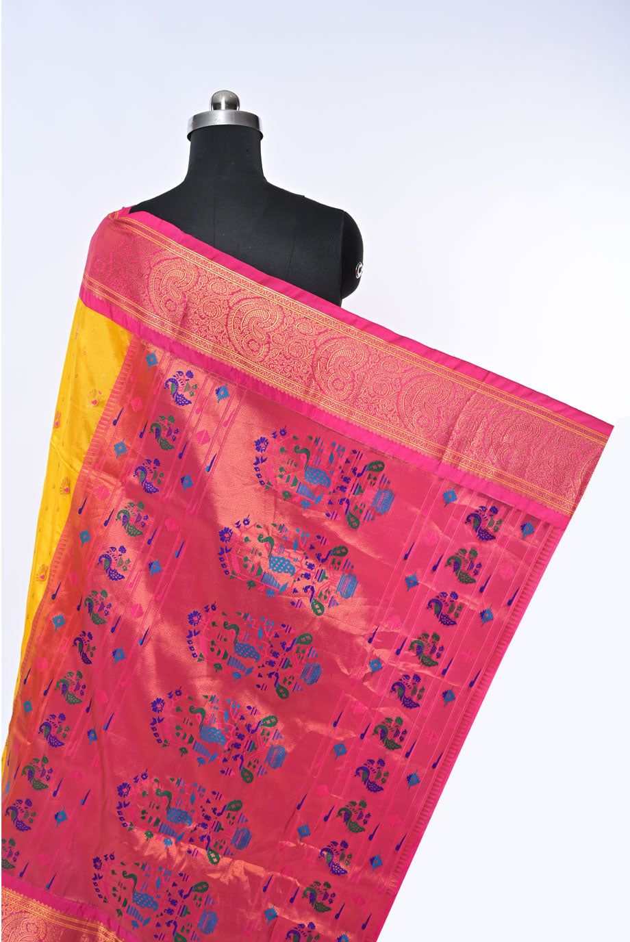 Yellow Semi Paithani Saree with Gadhval Border and Peacock Butti