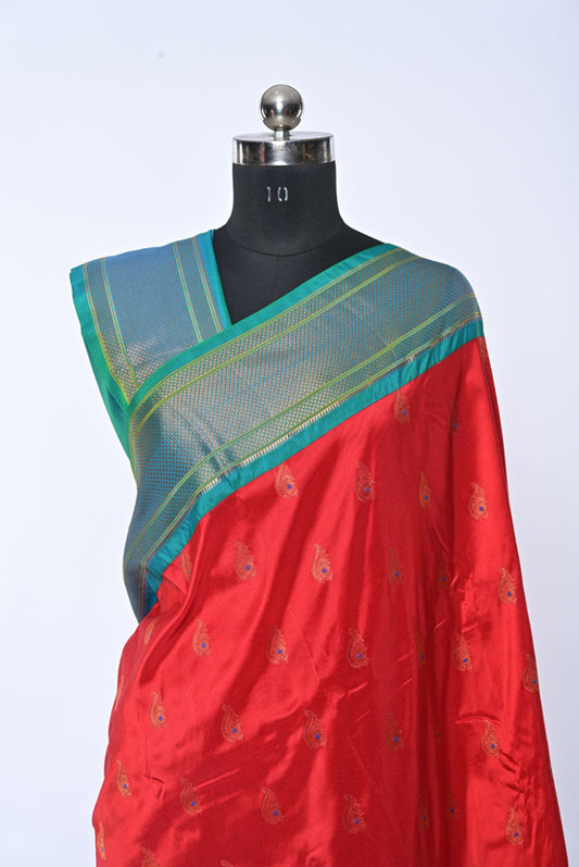 Rani Pink Semi Paithani Saree with Minakari Nath Butti and Contrast Border