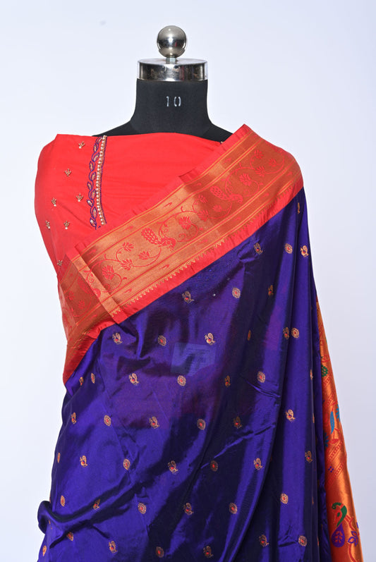 Semi Paithani Navy Blue Saree with Peacock Lotus Mina Butti for Weddings