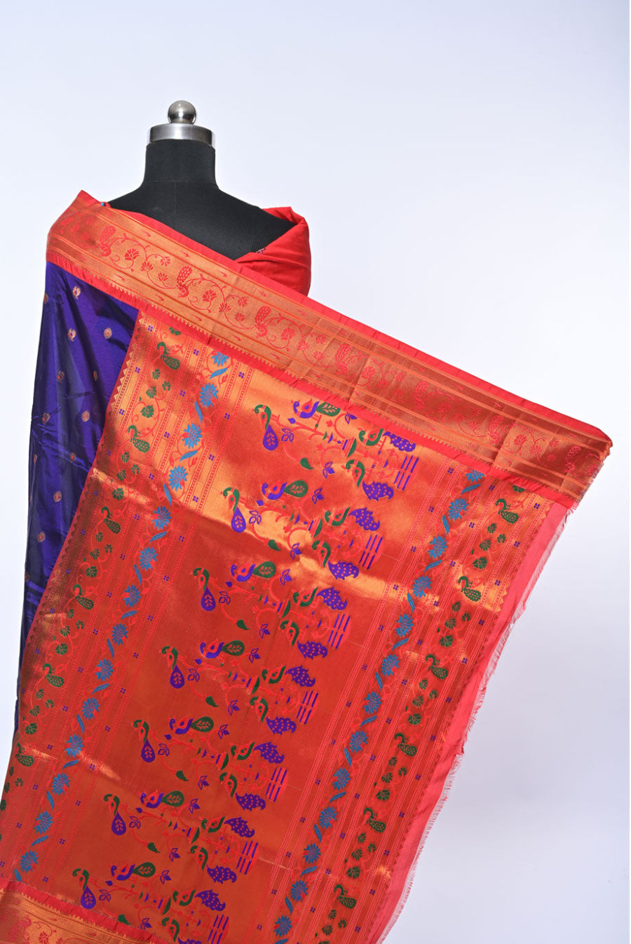 Semi Paithani Navy Blue Saree with Peacock Lotus Mina Butti for Weddings