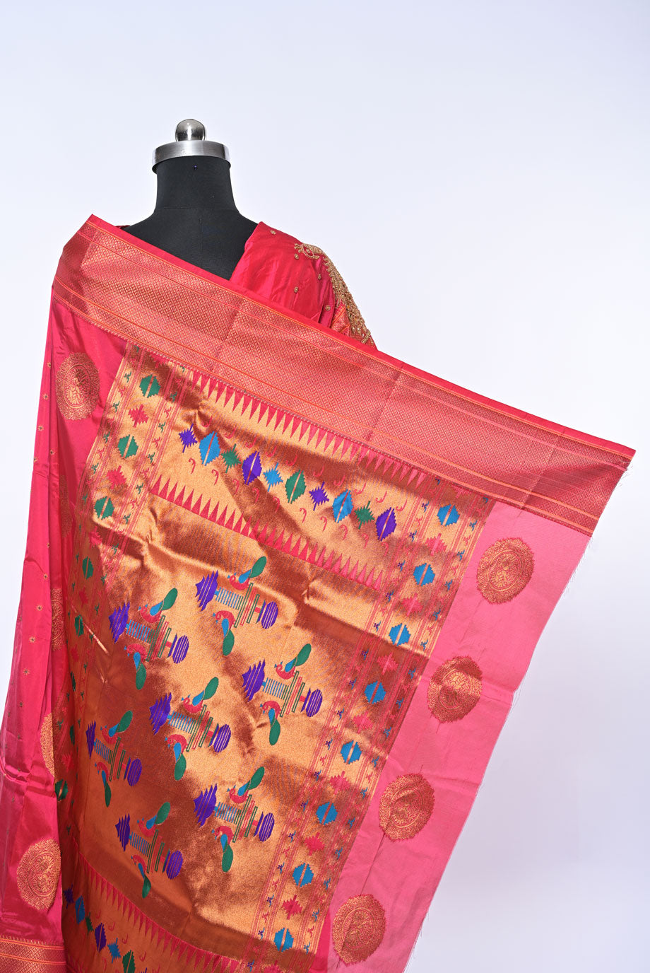 Semi Kalanjali Paithani Pink Saree with Mina Butti for Festival