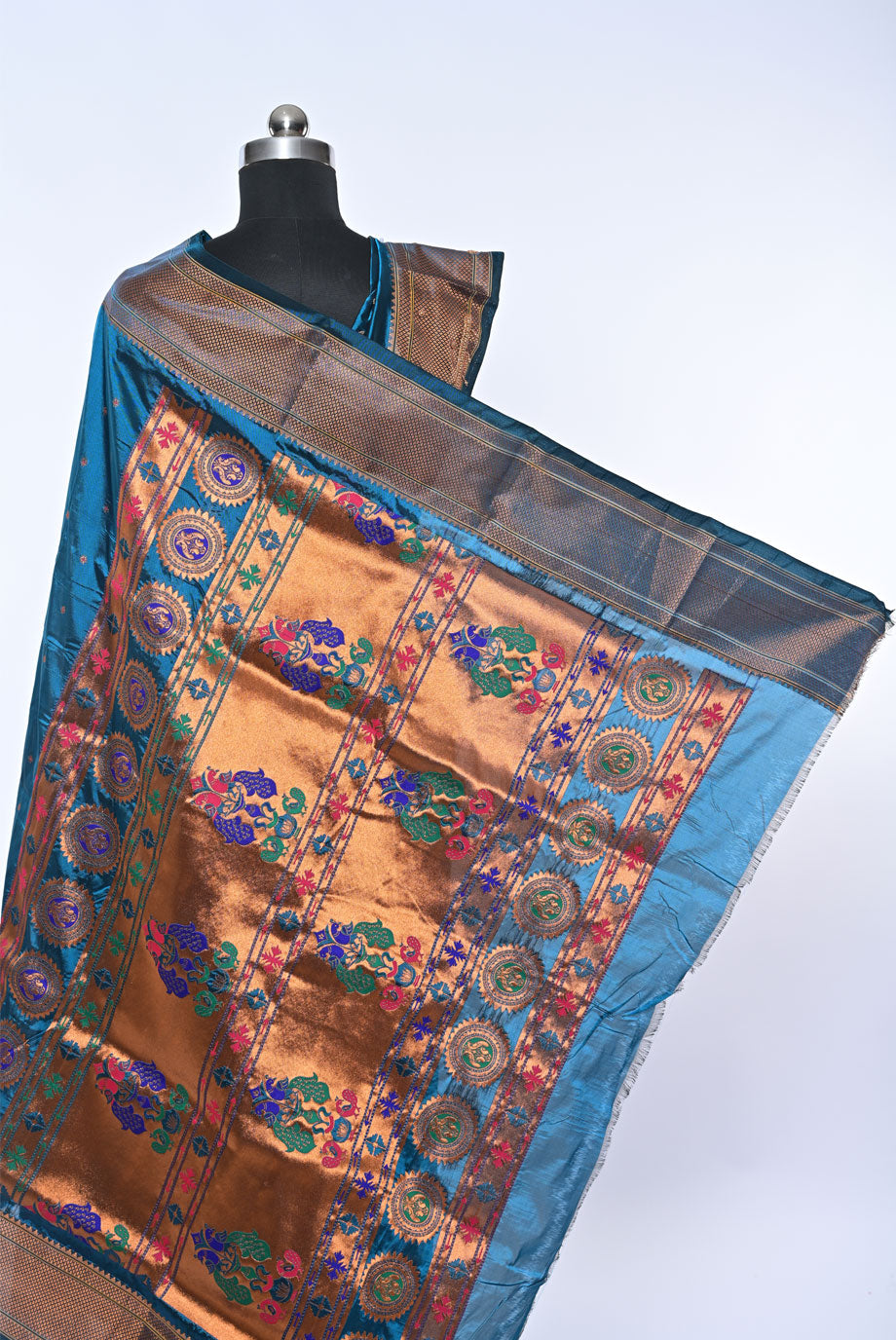 Semi Kalanjali Paithani Petrol Blue Saree with Mina Butti for Festival