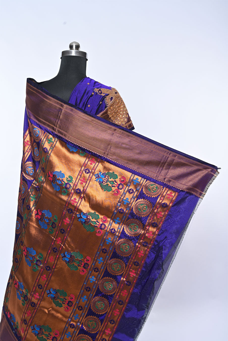 Semi Kalanjali Paithani Navy Blue Saree with Mina Butti for Wedding