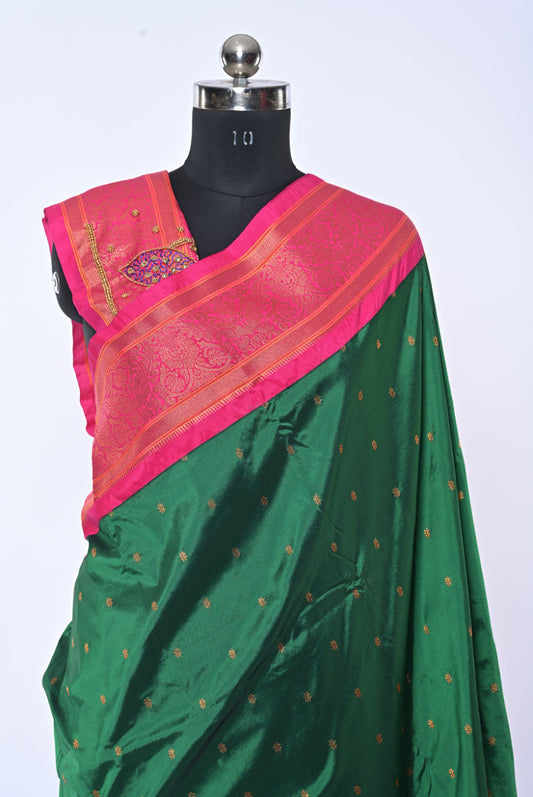 Semi Kalanjali Paithani Dark Green Saree with Golden Butti for Festival