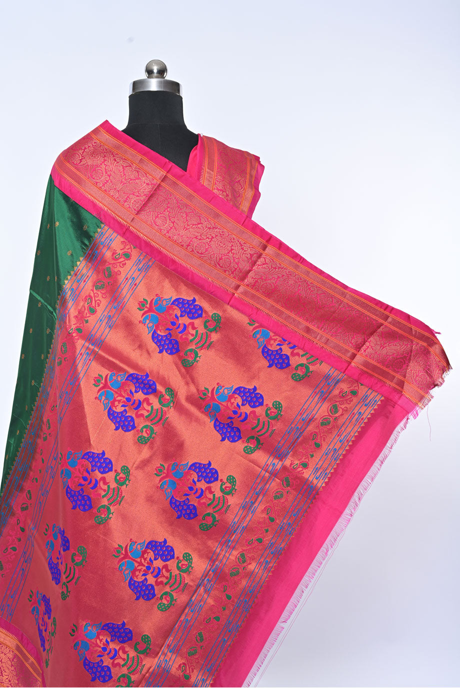 Semi Kalanjali Paithani Dark Green Saree with Golden Butti for Festival