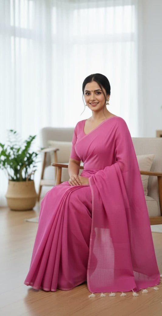 Soft pink pure cotton saree with self blouse for office wear