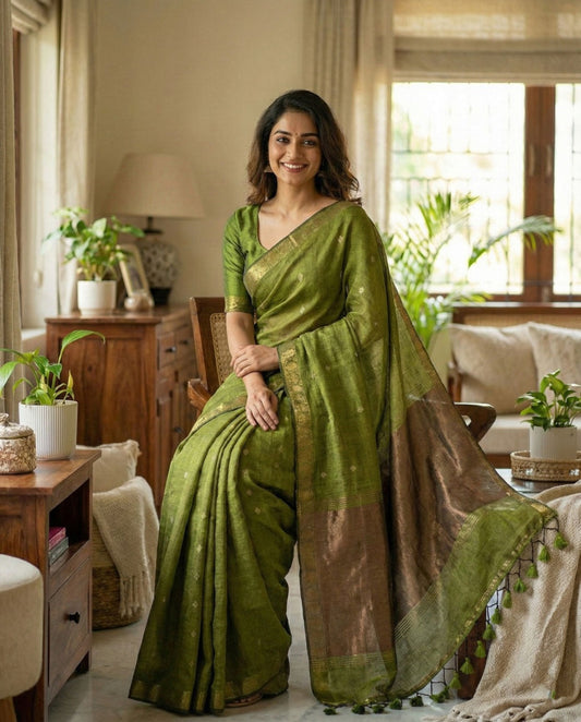 Grass green cotton saree soft, breathable ideal for daily and office wear