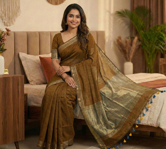 Coffee brown cotton saree with plain base fabric, beige zari woven pallu, simple border and unstitched contrast blouse