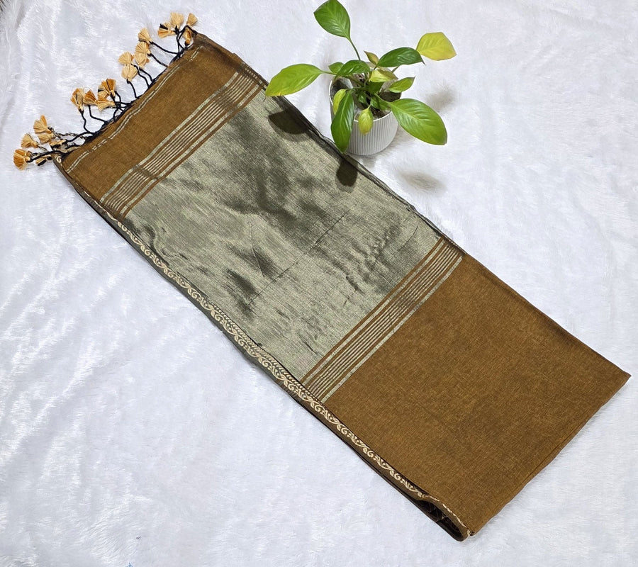 Coffee brown cotton saree with plain base fabric, beige zari woven pallu, simple border and unstitched contrast blouse
