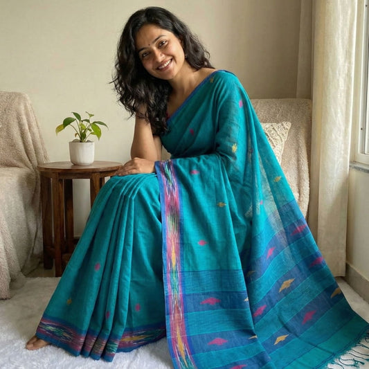 Sky blue cotton saree featuring small triangle butties, Ikat woven border, contrast pallu styling and tassel detailing. Perfect for office wear and daily wear.