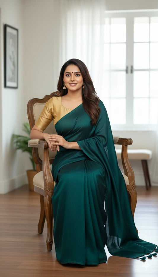 Elegant dark teal mulmul cotton saree with handcrafted tassels