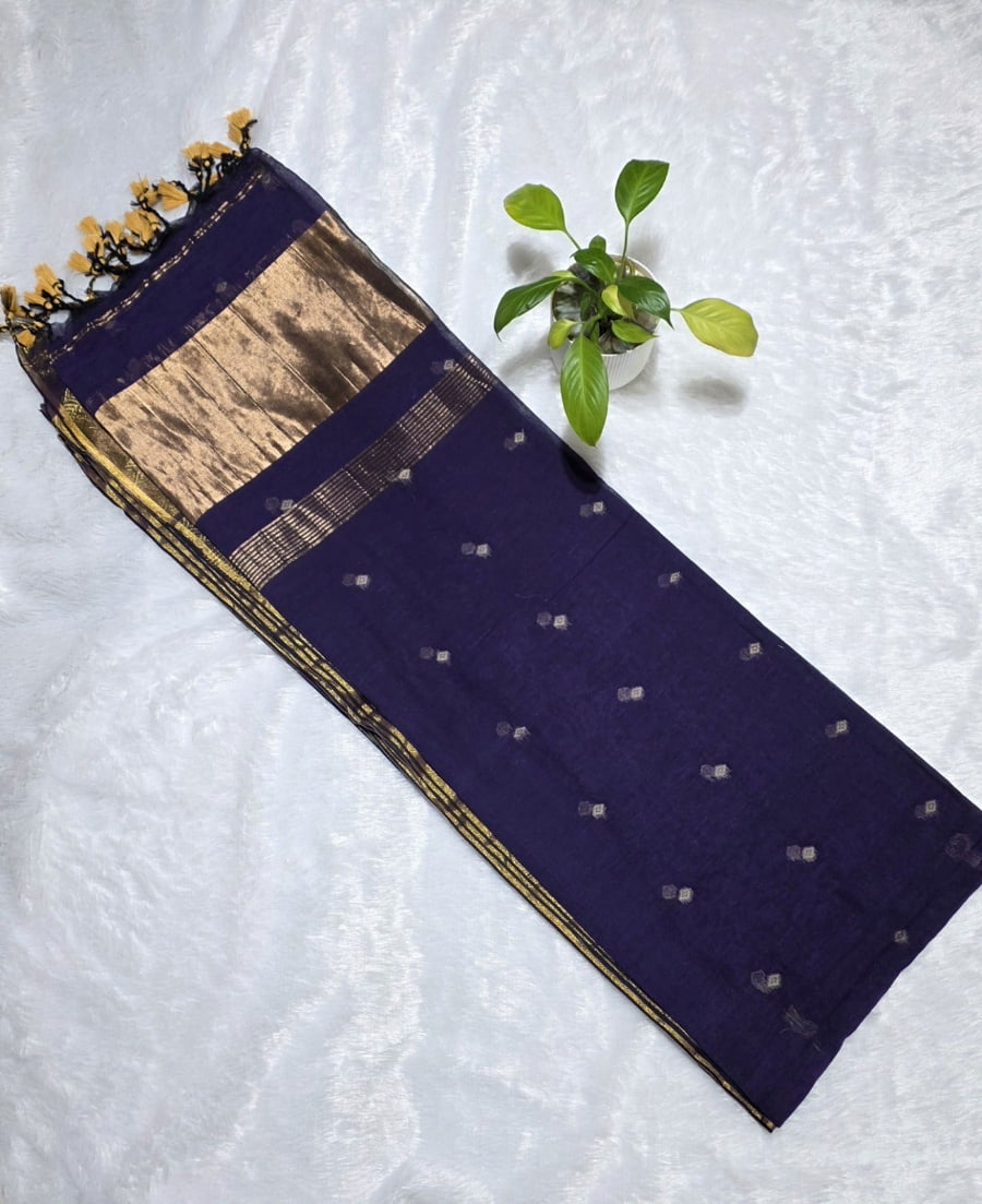 Pure indigo blue cotton saree all-over copper butti work copper zari pallu golden border festive ethnic wear
