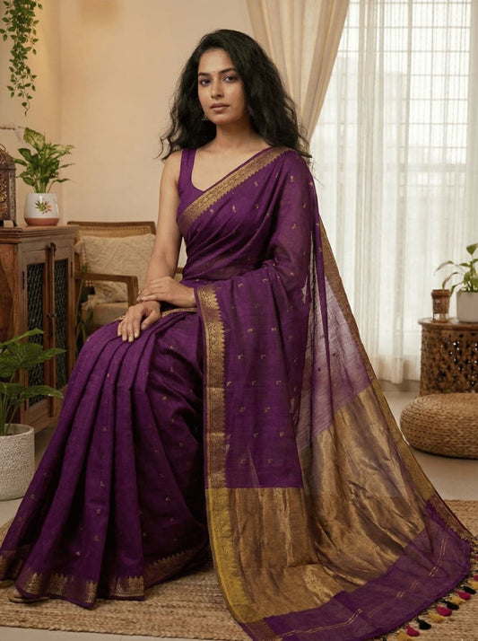 Pure magenta cotton saree all-over copper butti work copper zari pallu golden border festive ethnic wear