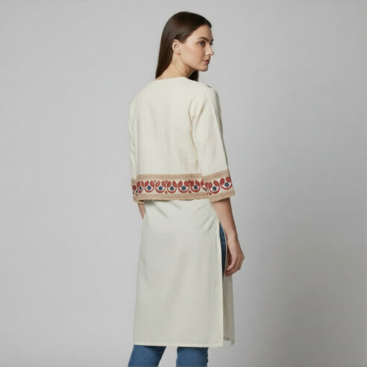 Gujarati cream embroidered koti jacket with navy and red motifs