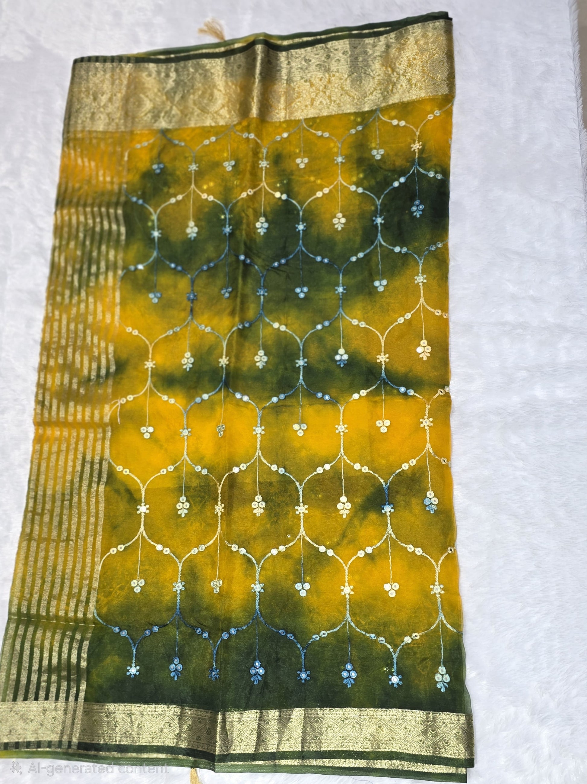 An intricate organza gotapatti  saree featuring allover shimmering accents, sequins/mirror-like detailing and traditional gota patti lace border. Lightweight yet festive, perfect for family occasions. Comes with a self blouse in matching tone.