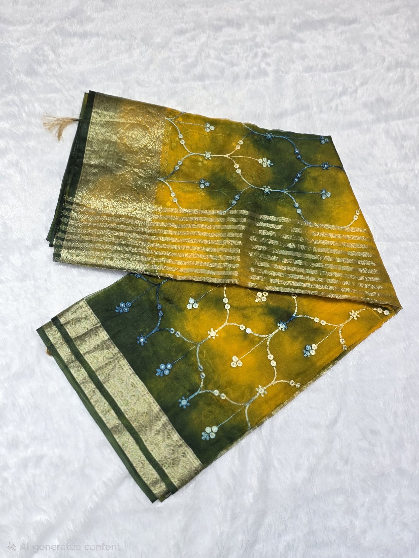 An intricate organza gotapatti  saree featuring allover shimmering accents, sequins/mirror-like detailing and traditional gota patti lace border. Lightweight yet festive, perfect for family occasions. Comes with a self blouse in matching tone.