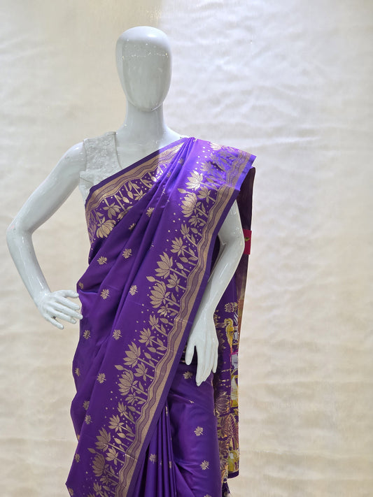 A rich tana silk paithani saree featuring evenly spaced lotus buttis woven in golden zari. The floral lotus border and traditional rich pallu elevate its classic charm. Comes with a self blouse for a graceful traditional look.