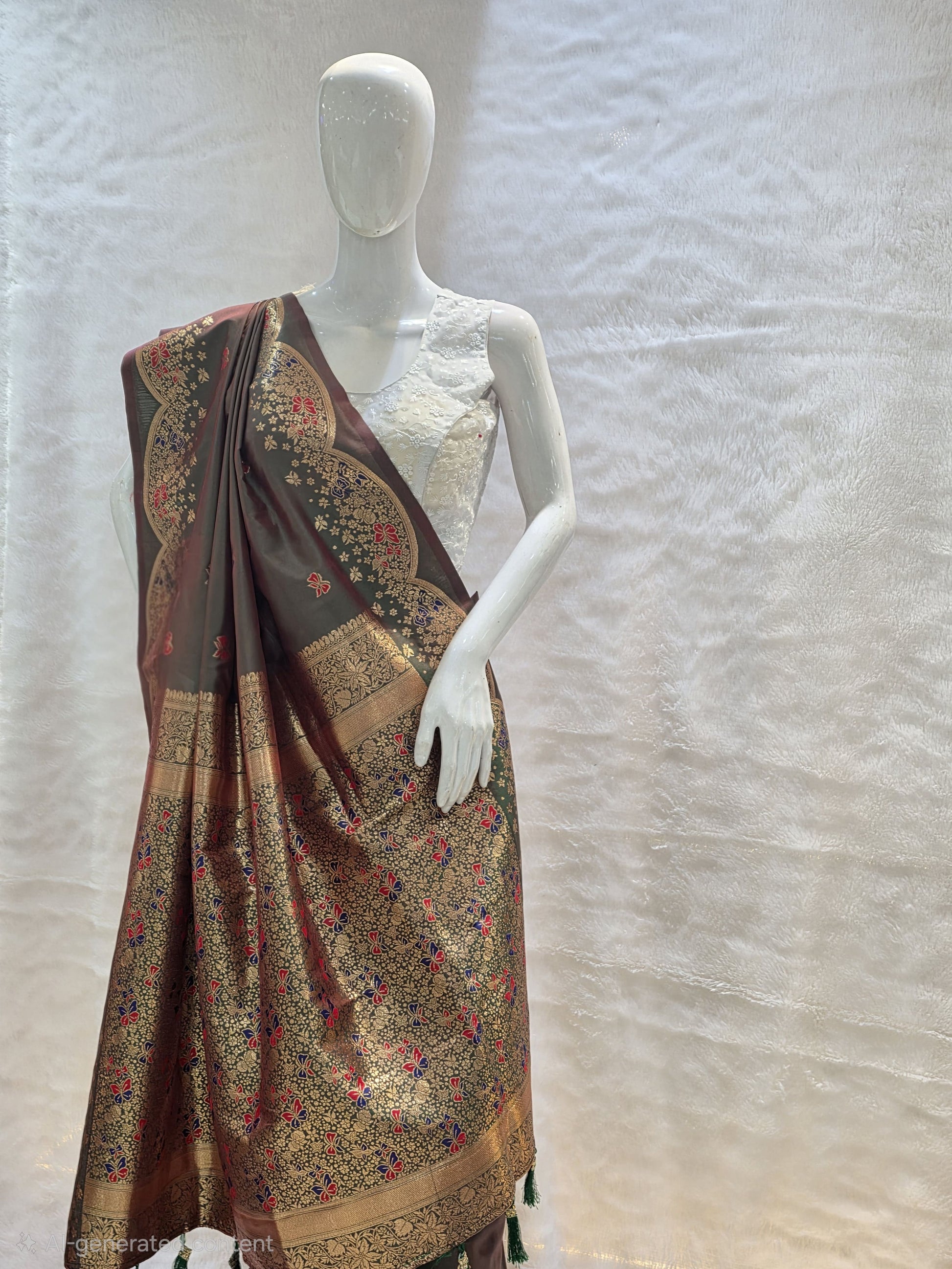 A unique tana silk paithani adorned with colorful butterfly buttis and a striking necklace-style zari border. Rich weaving adds vibrancy and festive appeal. Paired with a deep green self blouse.