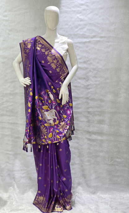A rich tana silk paithani saree featuring evenly spaced lotus buttis woven in golden zari. The floral lotus border and traditional rich pallu elevate its classic charm. Comes with a self blouse for a graceful traditional look.