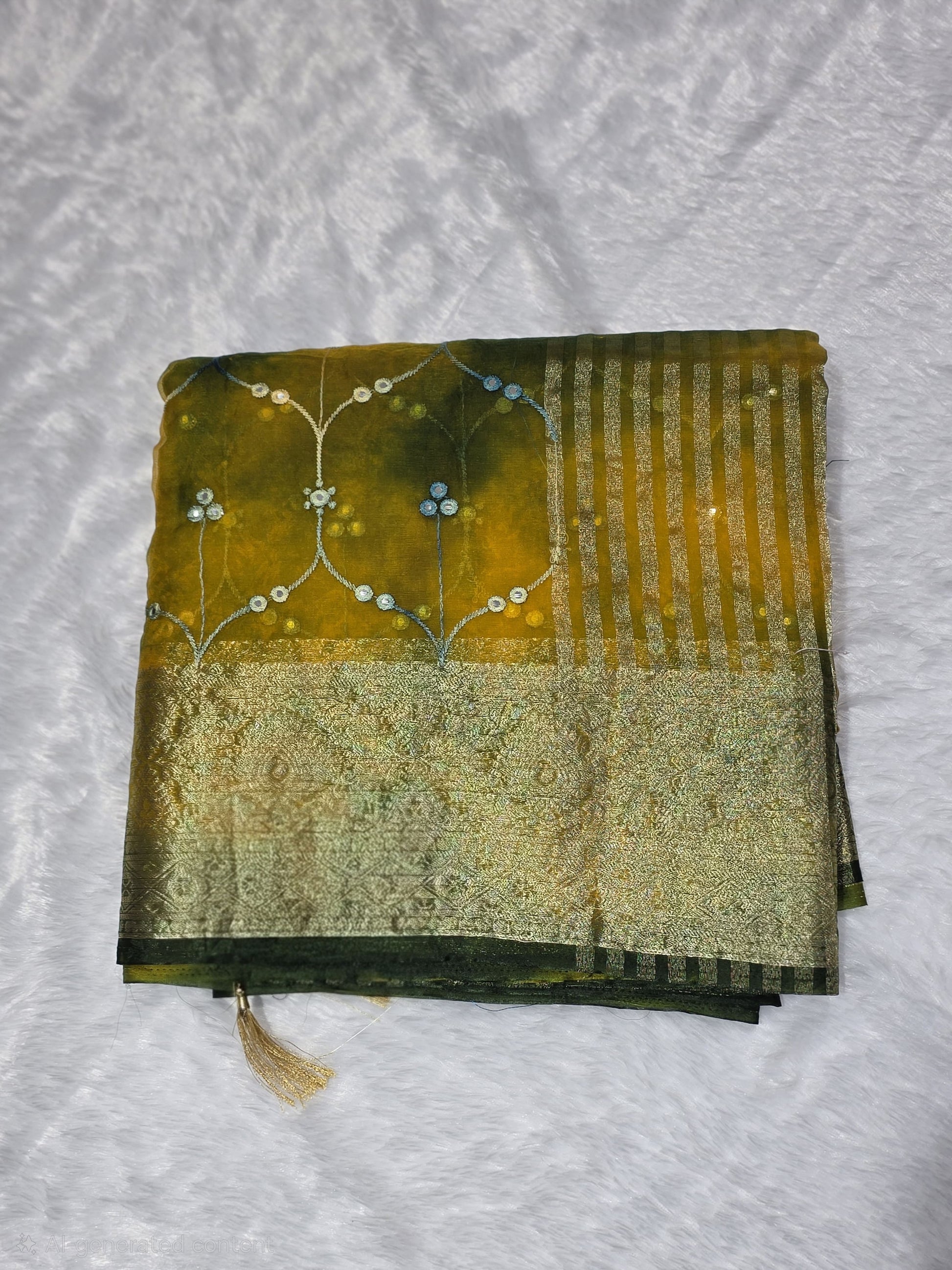 An intricate organza gotapatti  saree featuring allover shimmering accents, sequins/mirror-like detailing and traditional gota patti lace border. Lightweight yet festive, perfect for family occasions. Comes with a self blouse in matching tone.