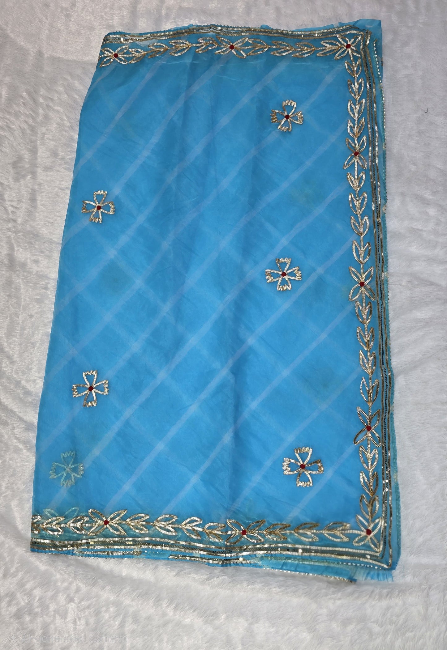 This sky-blue organza Gota pattivsaree showcases a soothing leheriya design enhanced with gold gota patti border detailing. Ideal for daytime events and celebrations. Paired with a coordinated self blouse.