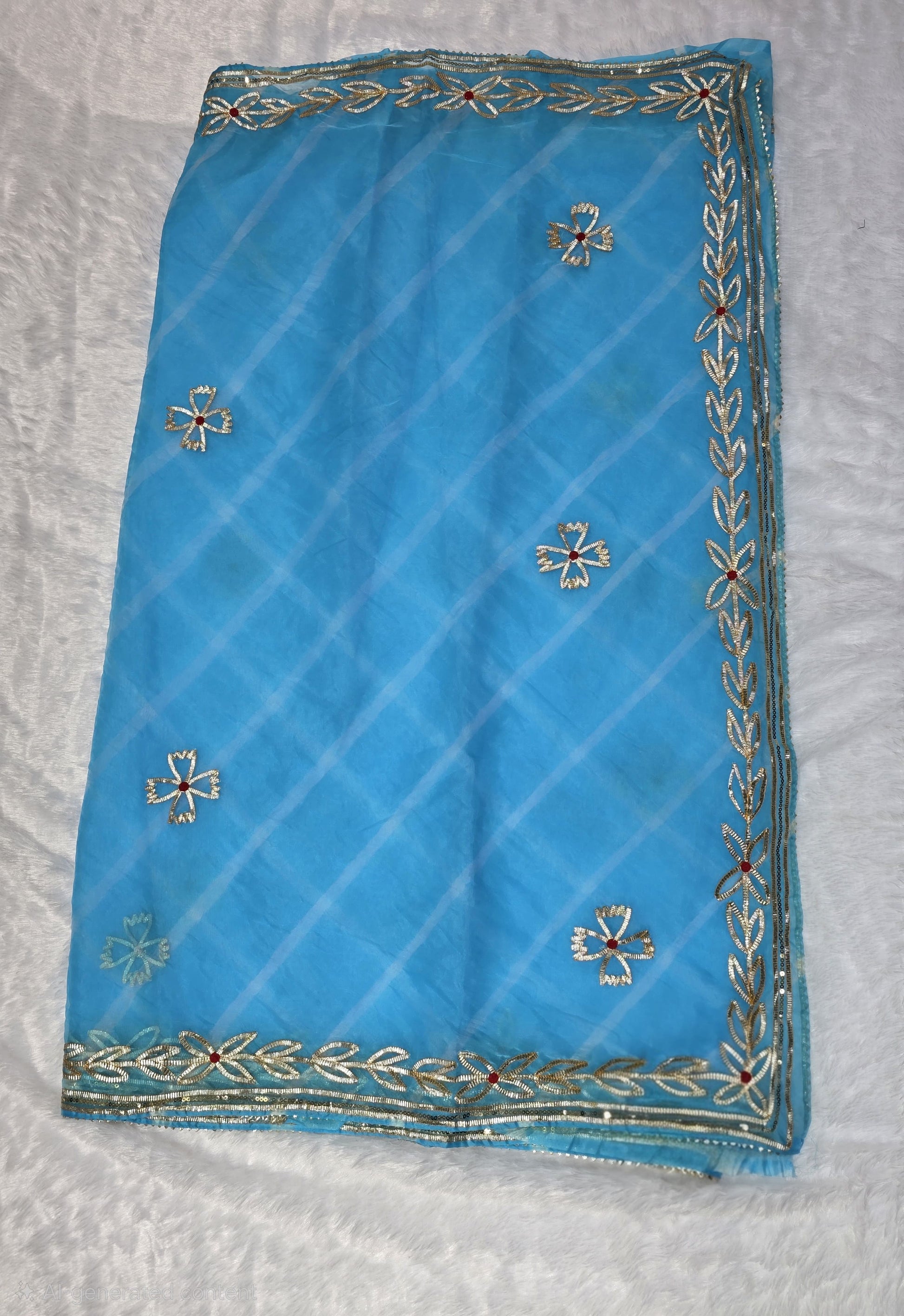 This sky-blue organza Gota pattivsaree showcases a soothing leheriya design enhanced with gold gota patti border detailing. Ideal for daytime events and celebrations. Paired with a coordinated self blouse.