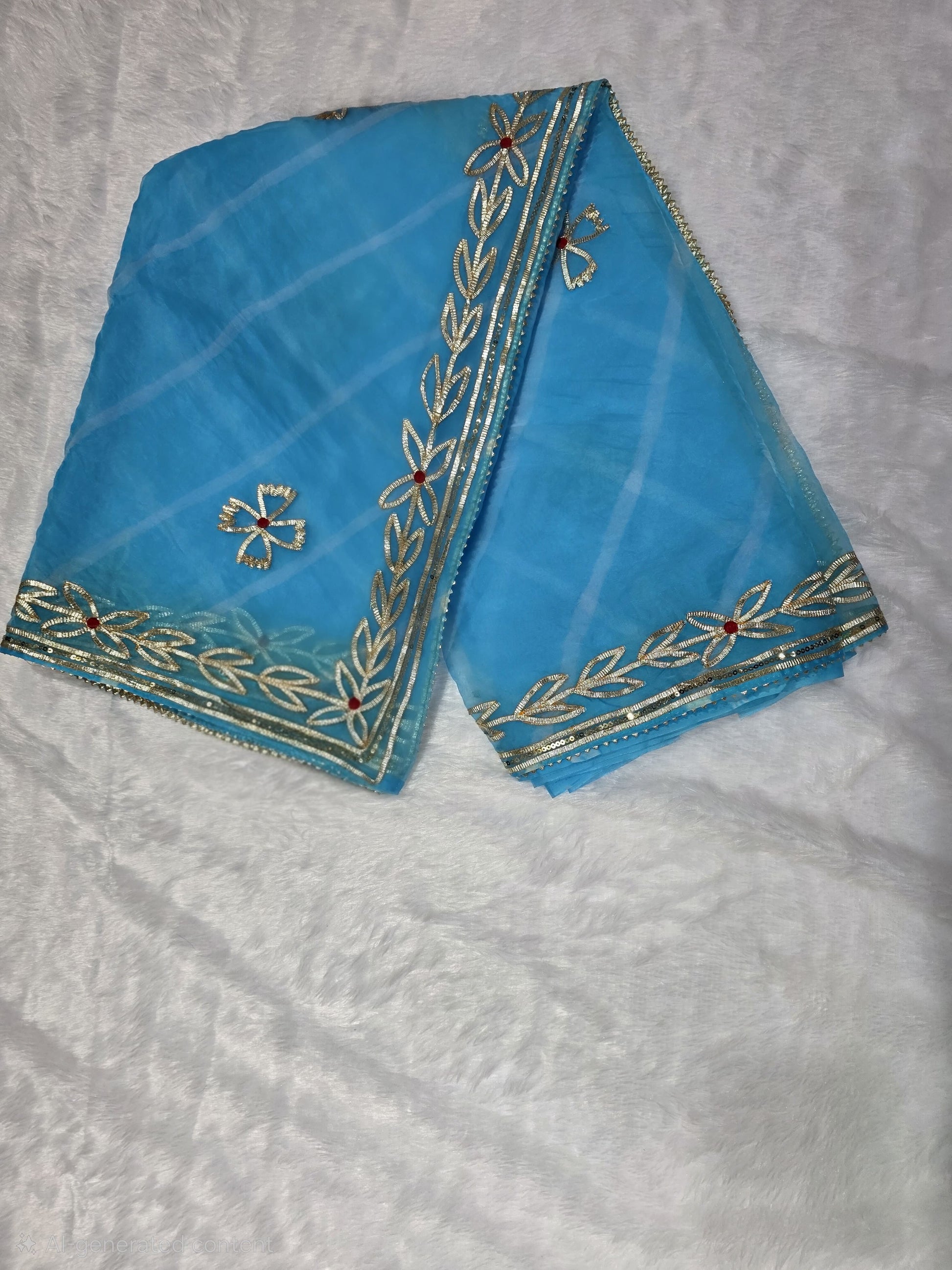 This sky-blue organza Gota pattivsaree showcases a soothing leheriya design enhanced with gold gota patti border detailing. Ideal for daytime events and celebrations. Paired with a coordinated self blouse.