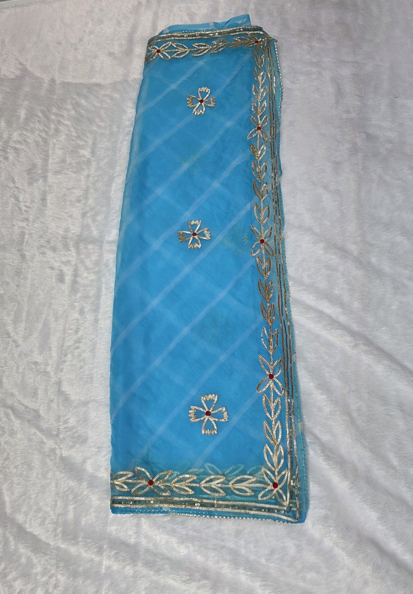 This sky-blue organza Gota pattivsaree showcases a soothing leheriya design enhanced with gold gota patti border detailing. Ideal for daytime events and celebrations. Paired with a coordinated self blouse.