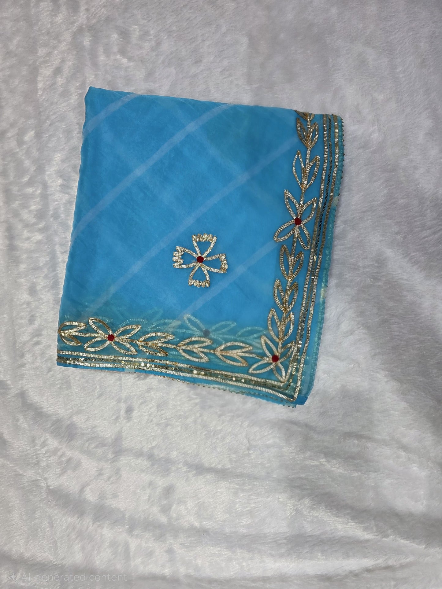 This sky-blue organza Gota pattivsaree showcases a soothing leheriya design enhanced with gold gota patti border detailing. Ideal for daytime events and celebrations. Paired with a coordinated self blouse.