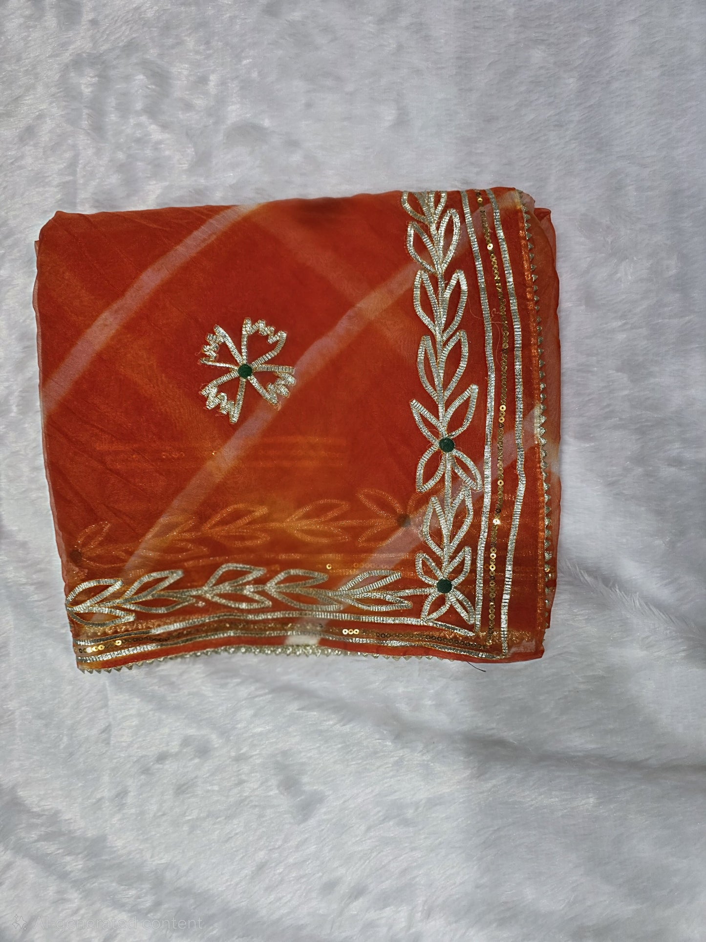 A vibrant organza saree featuring a classic leheriya pattern and rich gold gota patti border. Lightweight, festive and eye-catching — perfect for haldi, mehendi and small functions. Comes with a matching self blouse.