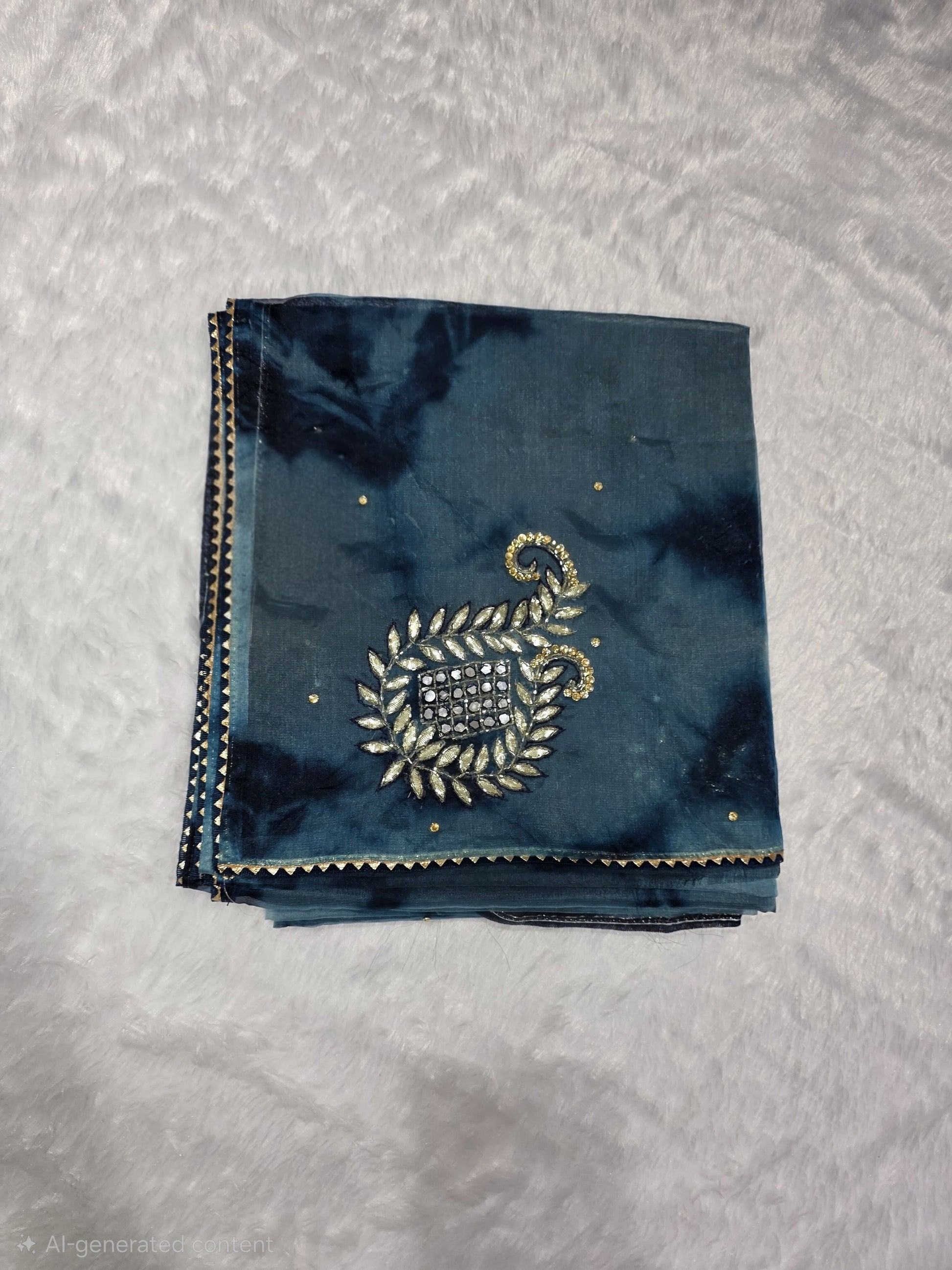 A Gotapatti  organza saree crafted with elegant gota patti work, highlighted with scattered sequins for a subtle shimmer. Dual-tone teal and deep blue color palette adds richness and uniqueness. Completed with a matching self blouse.