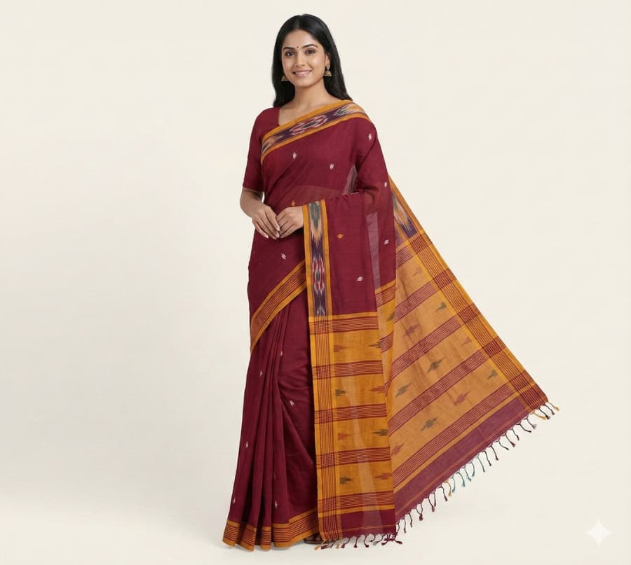 Maroon pure cotton saree with small triangle butties, Ikat border weaving, contrast pallu with tassels and unstitched blouse piece