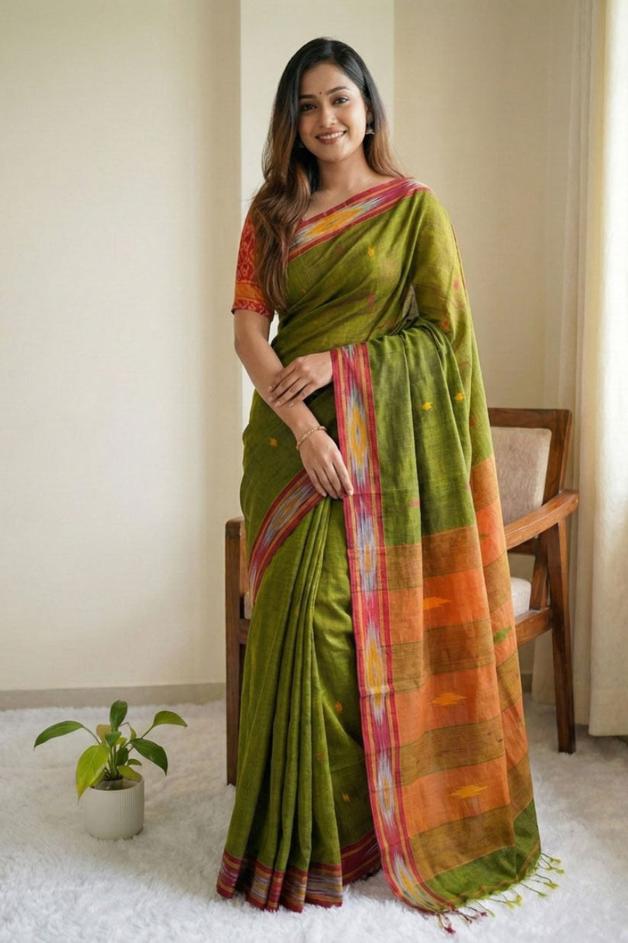 Olive green cotton saree showcasing triangle butti weaving, Ikat border pattern, contrast pallu and tassel finish. Perfect for daily wear