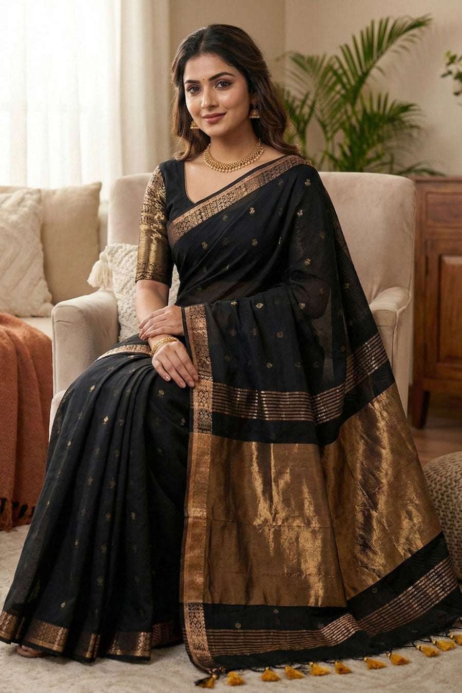 Black pure cotton saree with all-over butti design, copper zari pallu work and simple golden border with tassels.perfect for office wear , daily wear and festivals.
