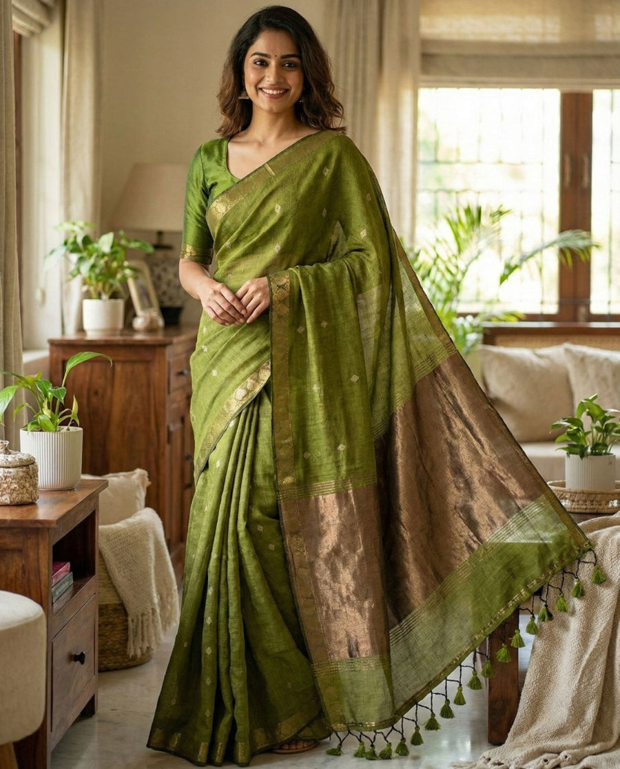 Grass green cotton saree soft, breathable ideal for daily and office wear