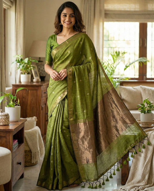 Grass green cotton saree soft, breathable ideal for daily and office wear