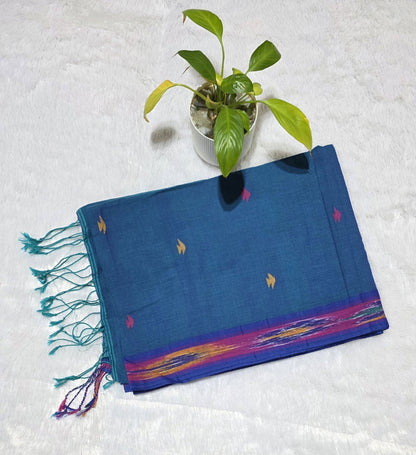 Blue cotton saree with delicate triangle design, Ikat weave border and matching unstitched blouse piece